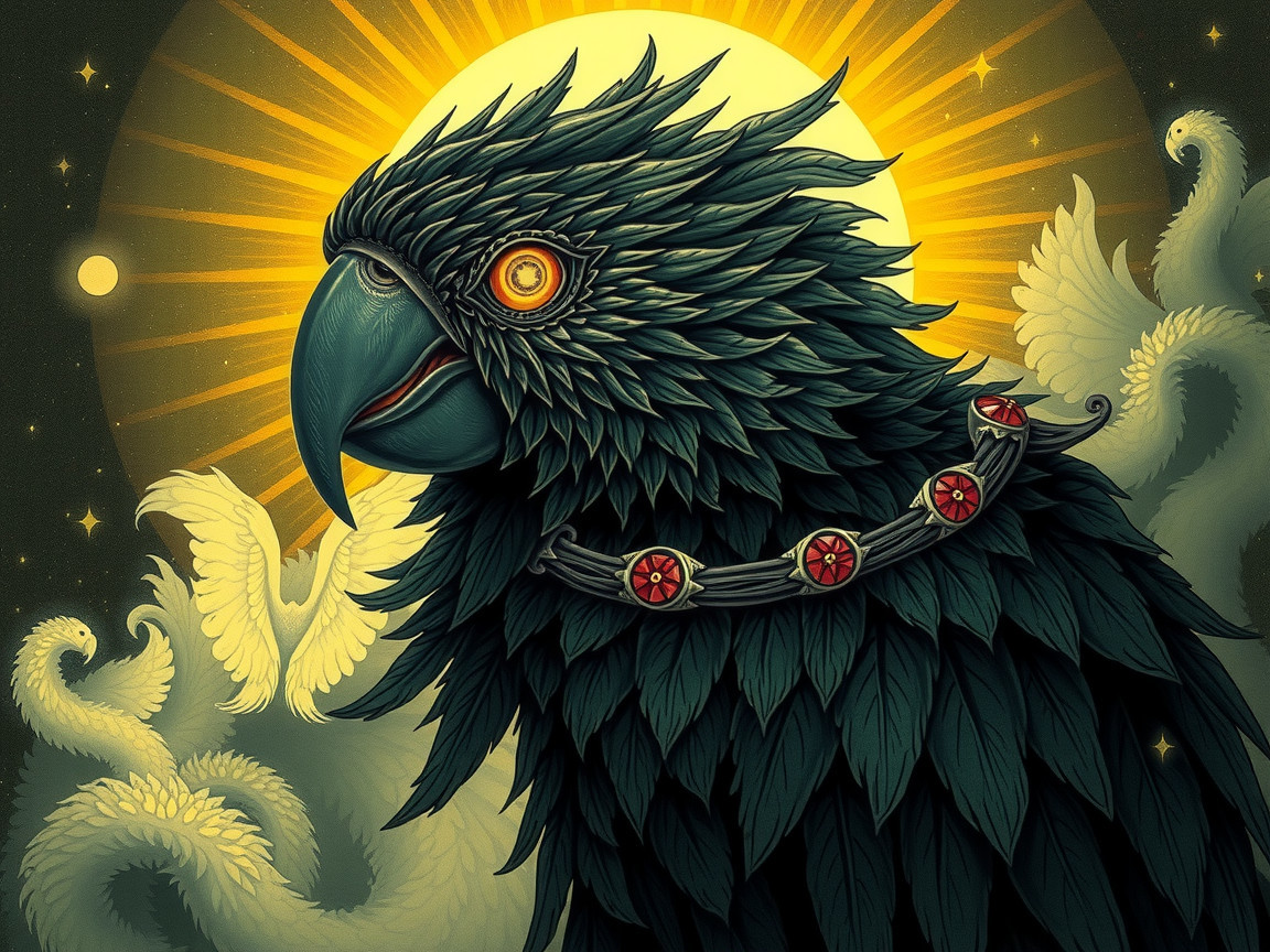Mythical bird illustration with glowing eye and leaves