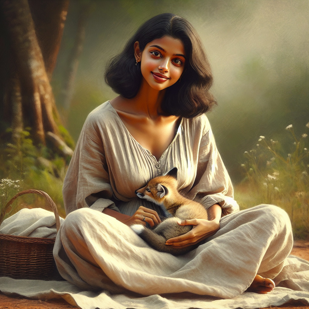 Young Woman with Fox Cub in Serene Natural Setting