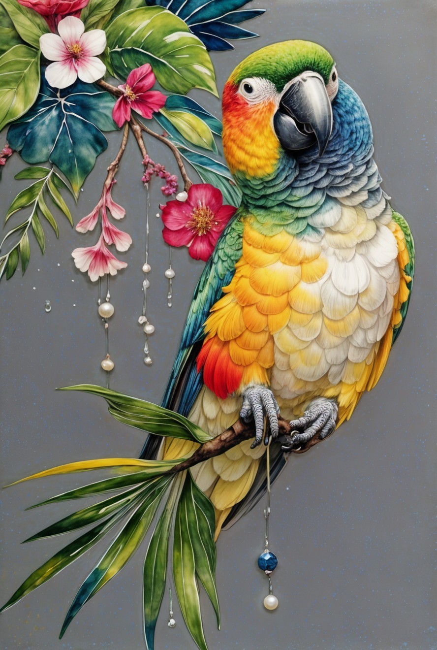 Colorful Parrot on Branch Surrounded by Lush Greenery