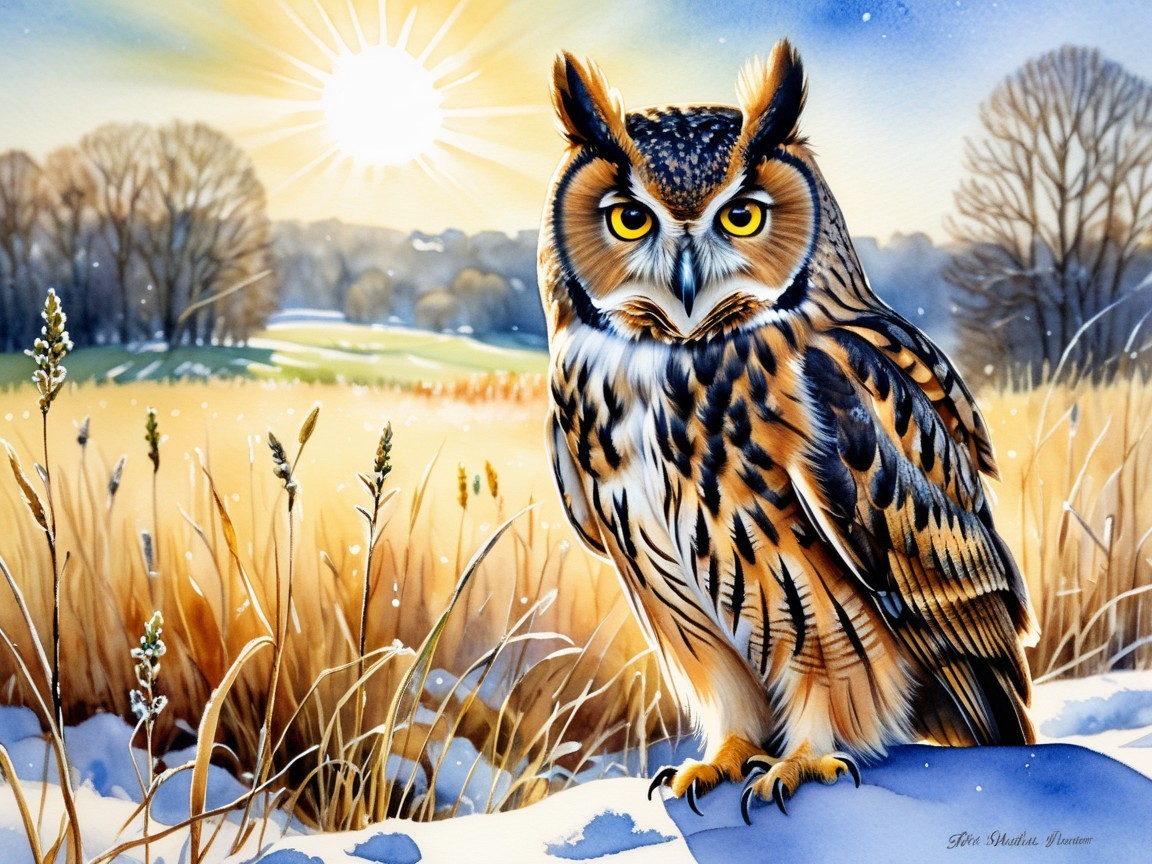 Illustration of an Owl in a Winter Sunrise Landscape