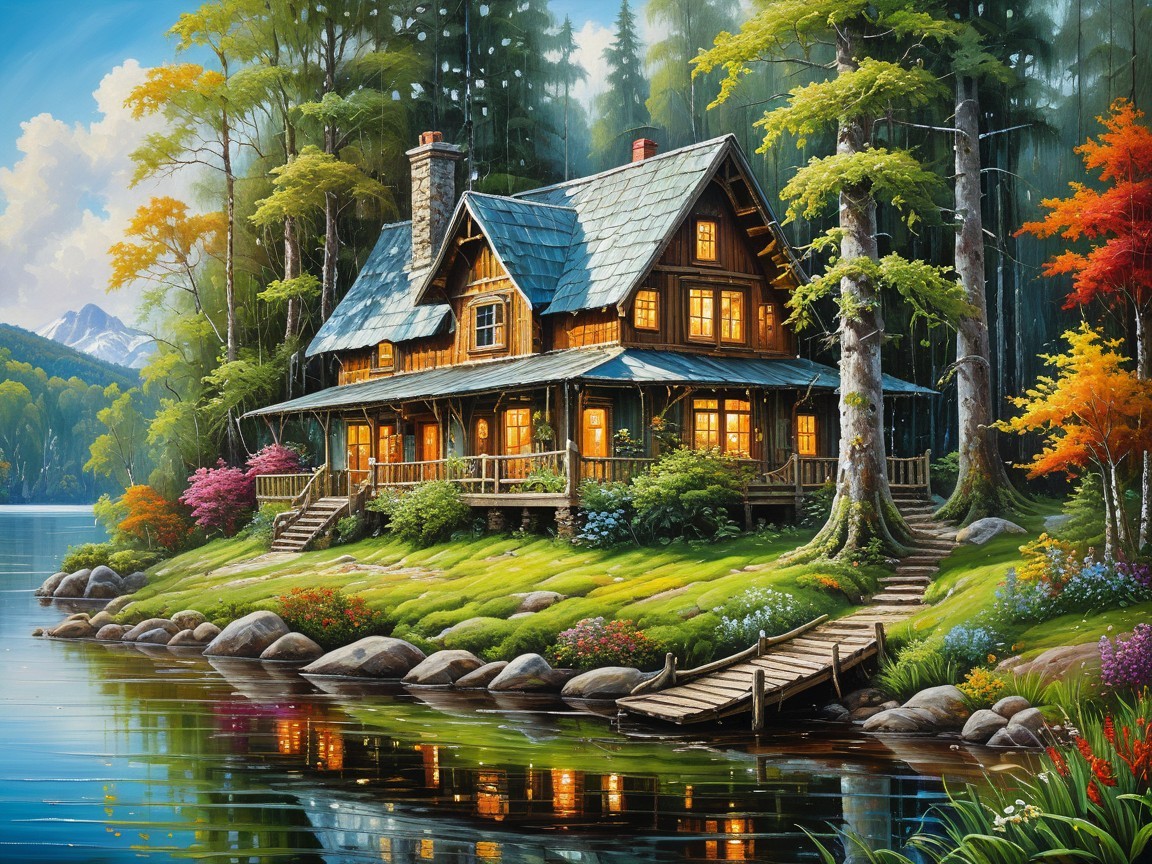 Wooden Cabin by Serene Lake in Autumn Foliage