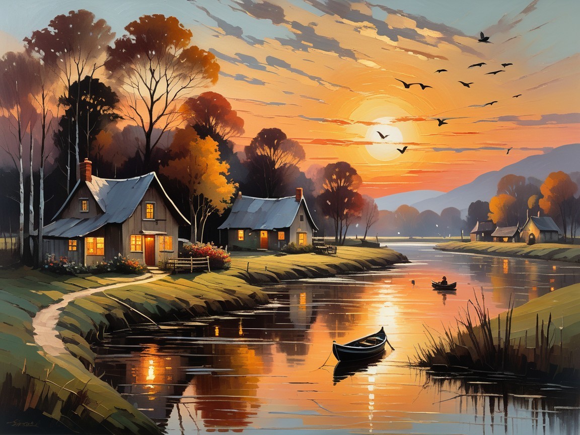 Autumn Landscape with Cottages and Calm River