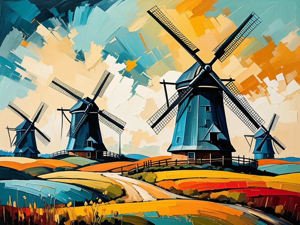 Vibrant Landscape with Iconic Windmills and Sky