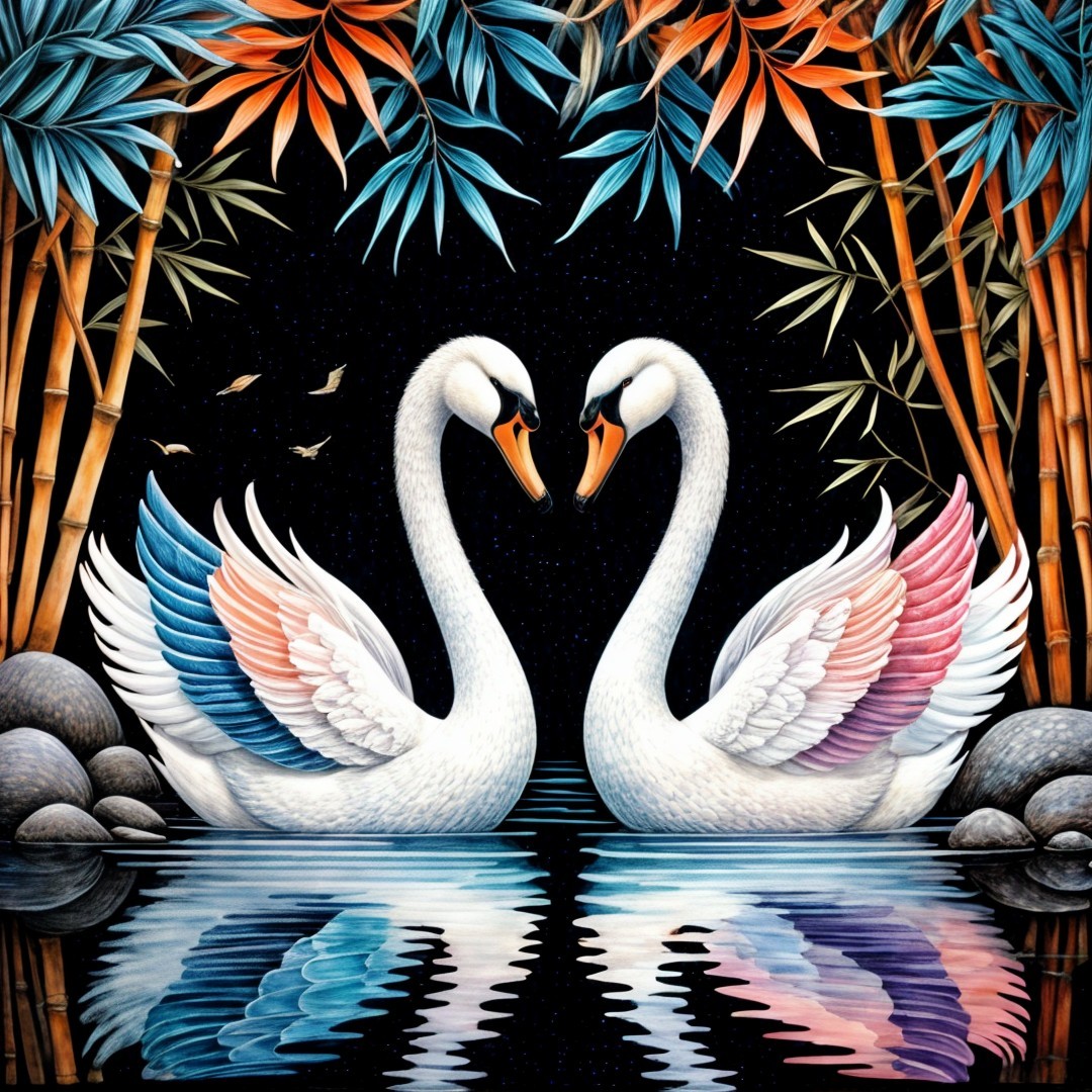 Elegant swans form heart shape in serene pond setting