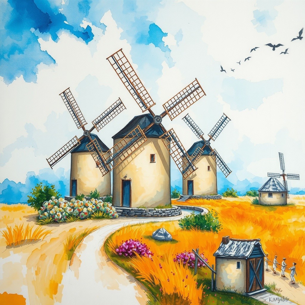 Vibrant Landscape with Traditional Windmills and Nature