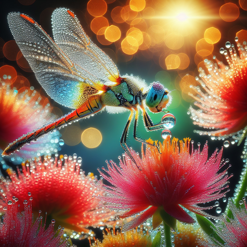 Dragonfly on Pink Flower with Sparkling Background