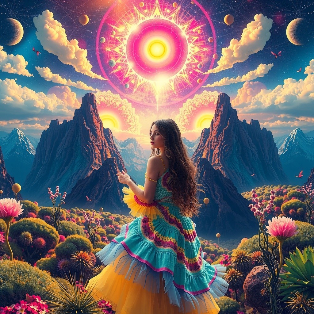 Woman in Colorful Dress Surrounded by Vibrant Landscape