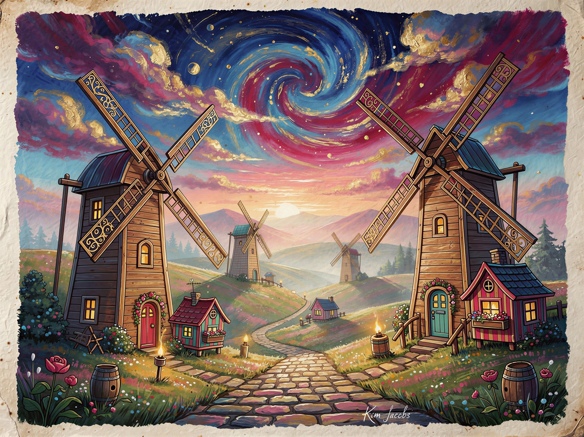 Vibrant Fantasy Landscape with Windmills and Hills