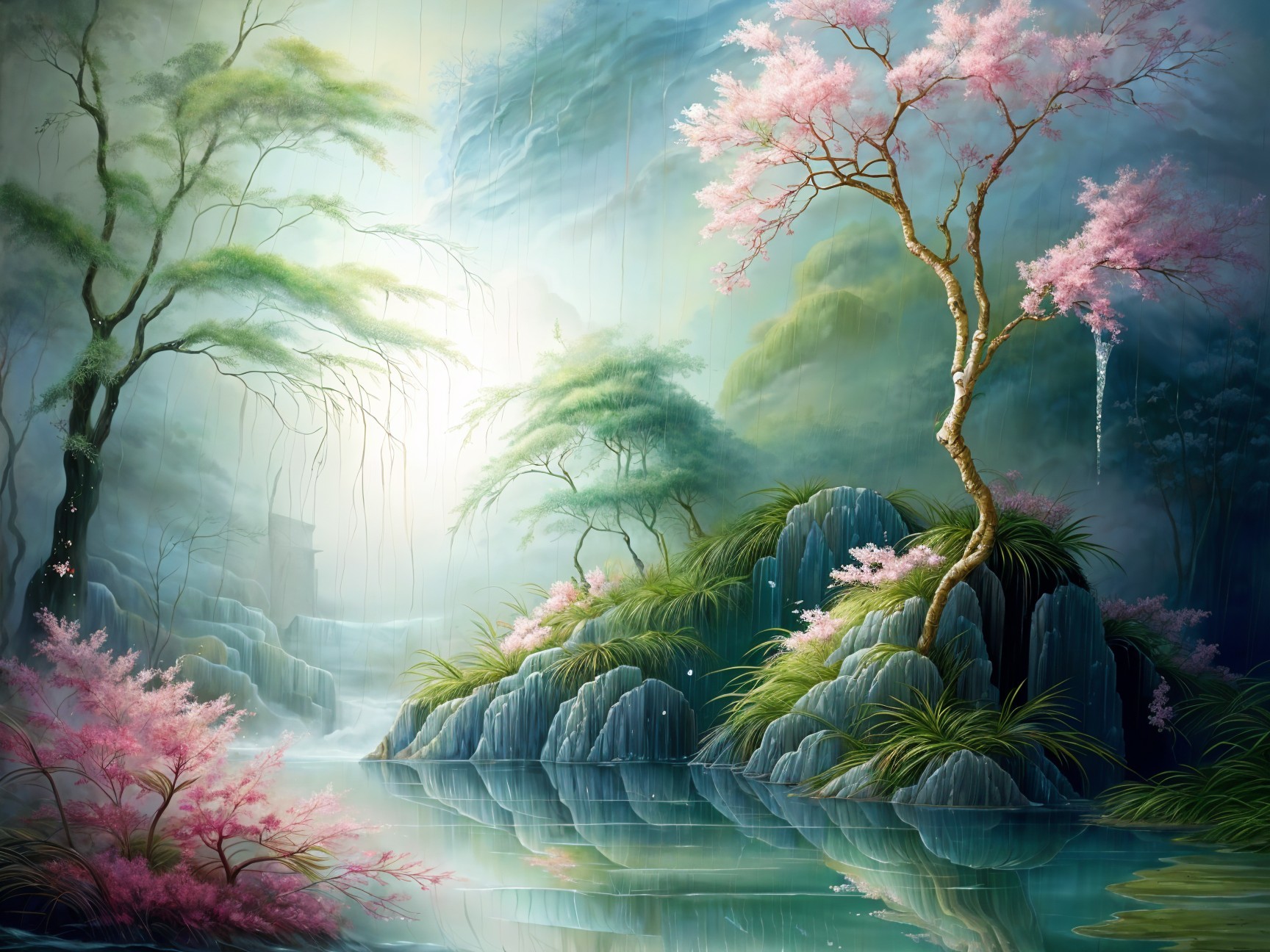 Serene Landscape with Cherry Blossoms and Tranquil Waters