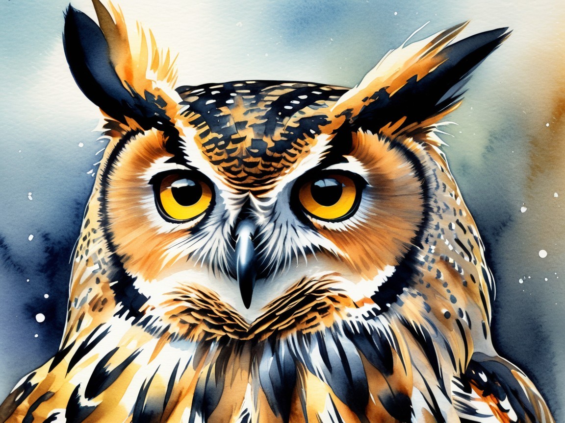 Close-Up Watercolor Painting of an Owl's Features