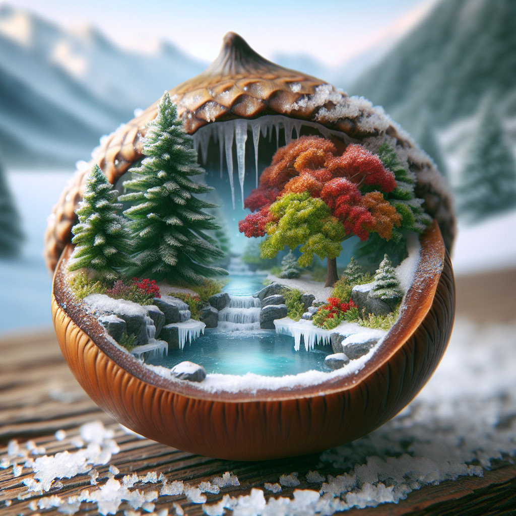 Magical Winter Landscape Inside Giant Acorn Shell