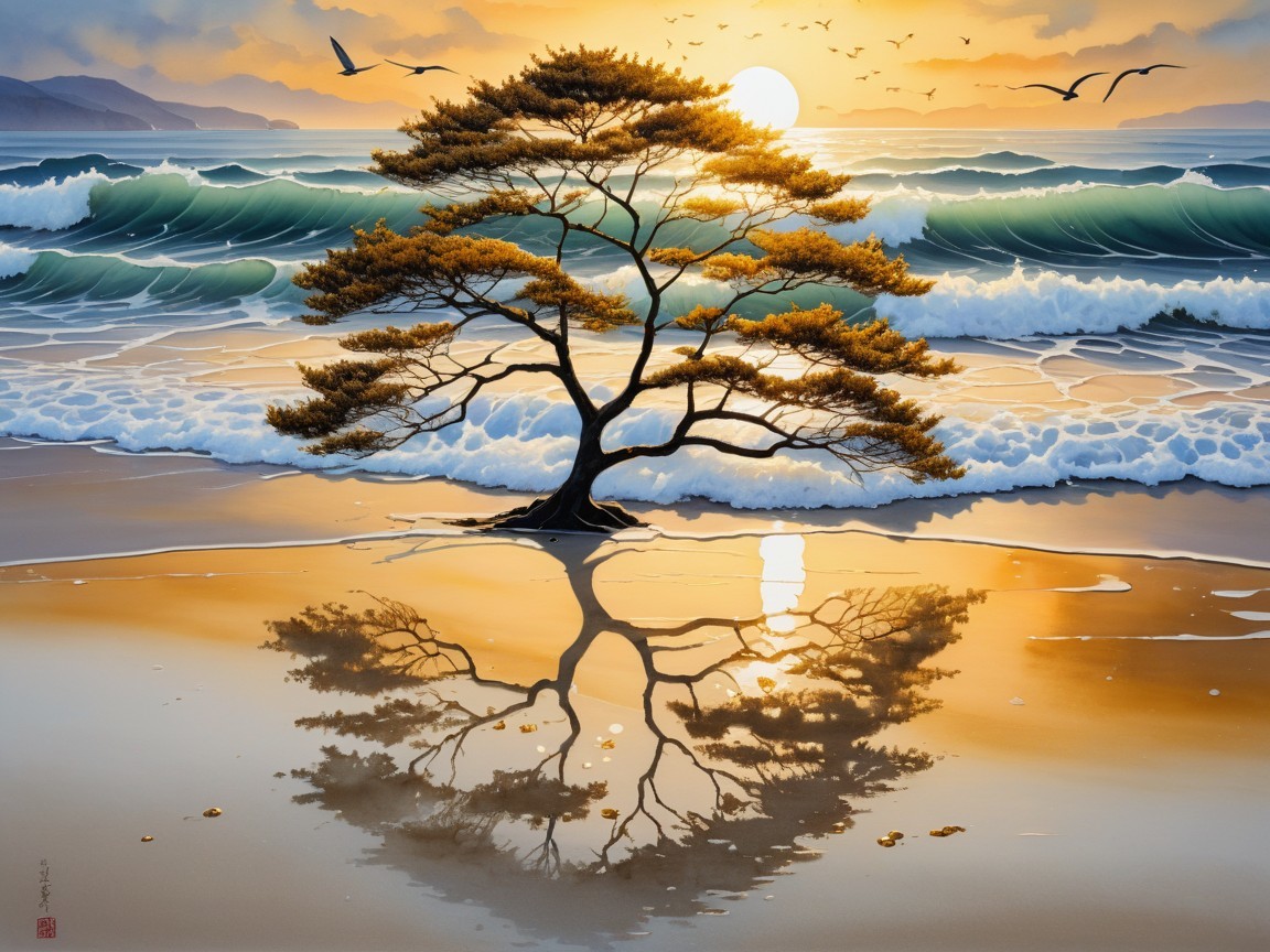 Lone Tree on a Serene Beach at Sunset