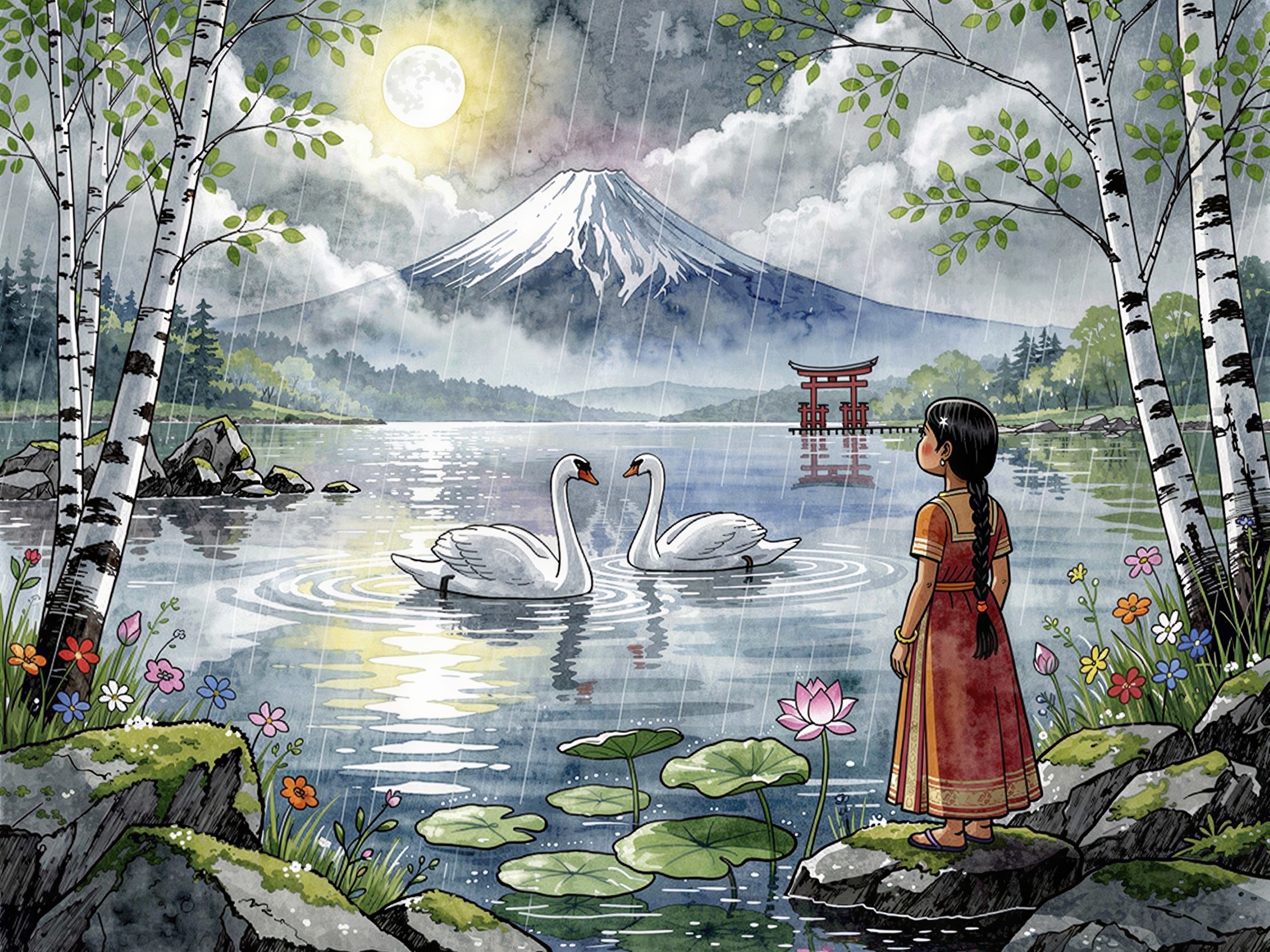 Watercolor of Indian Girl by Lake with Swans and Torii Gate