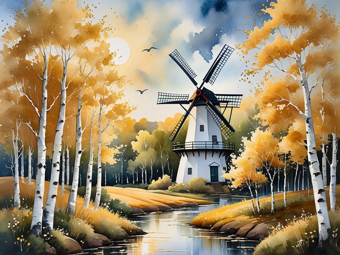 Classic Windmill by Serene River in Autumn Scenery