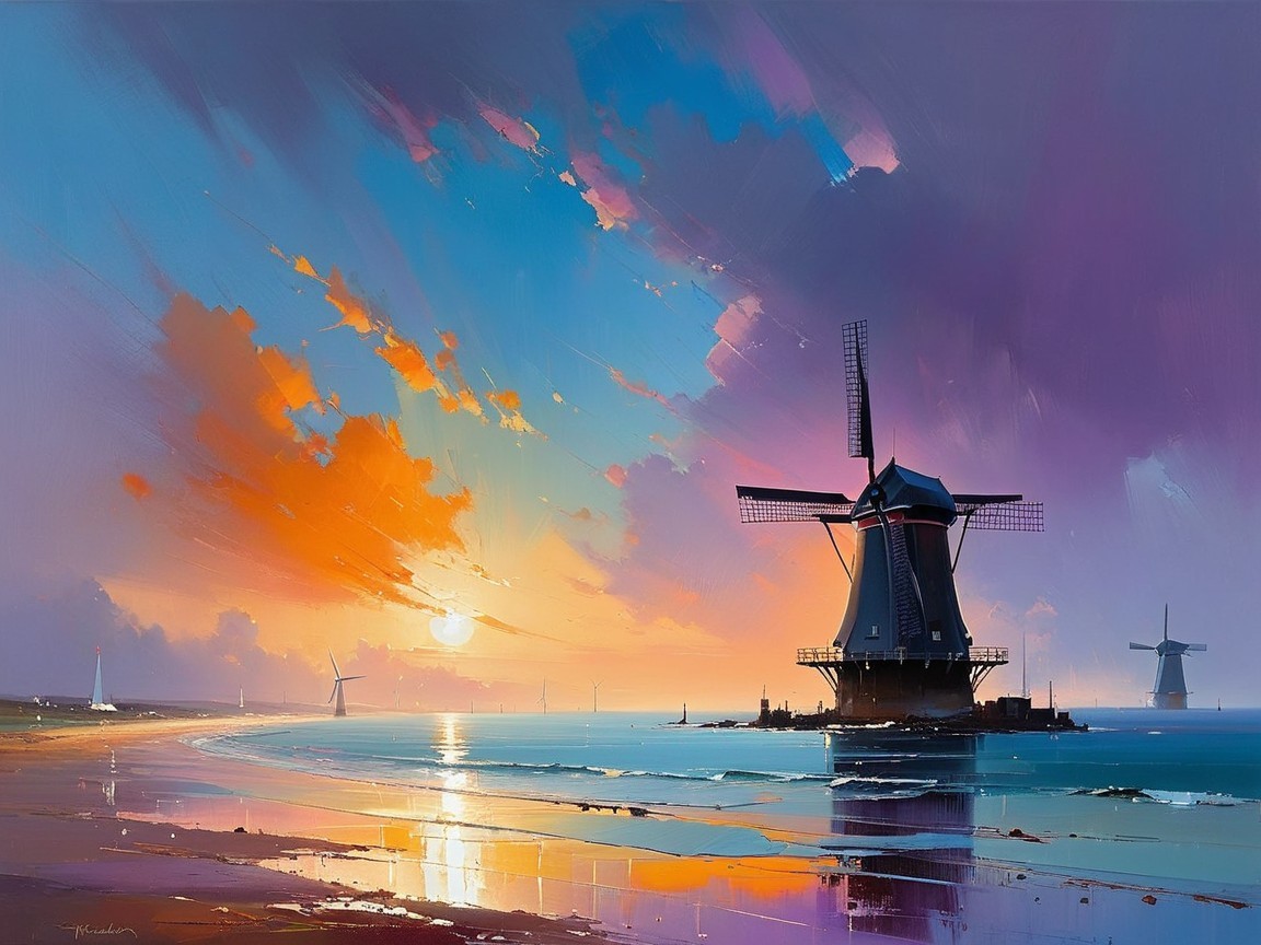 Serene Coastline Landscape at Sunset with Windmills