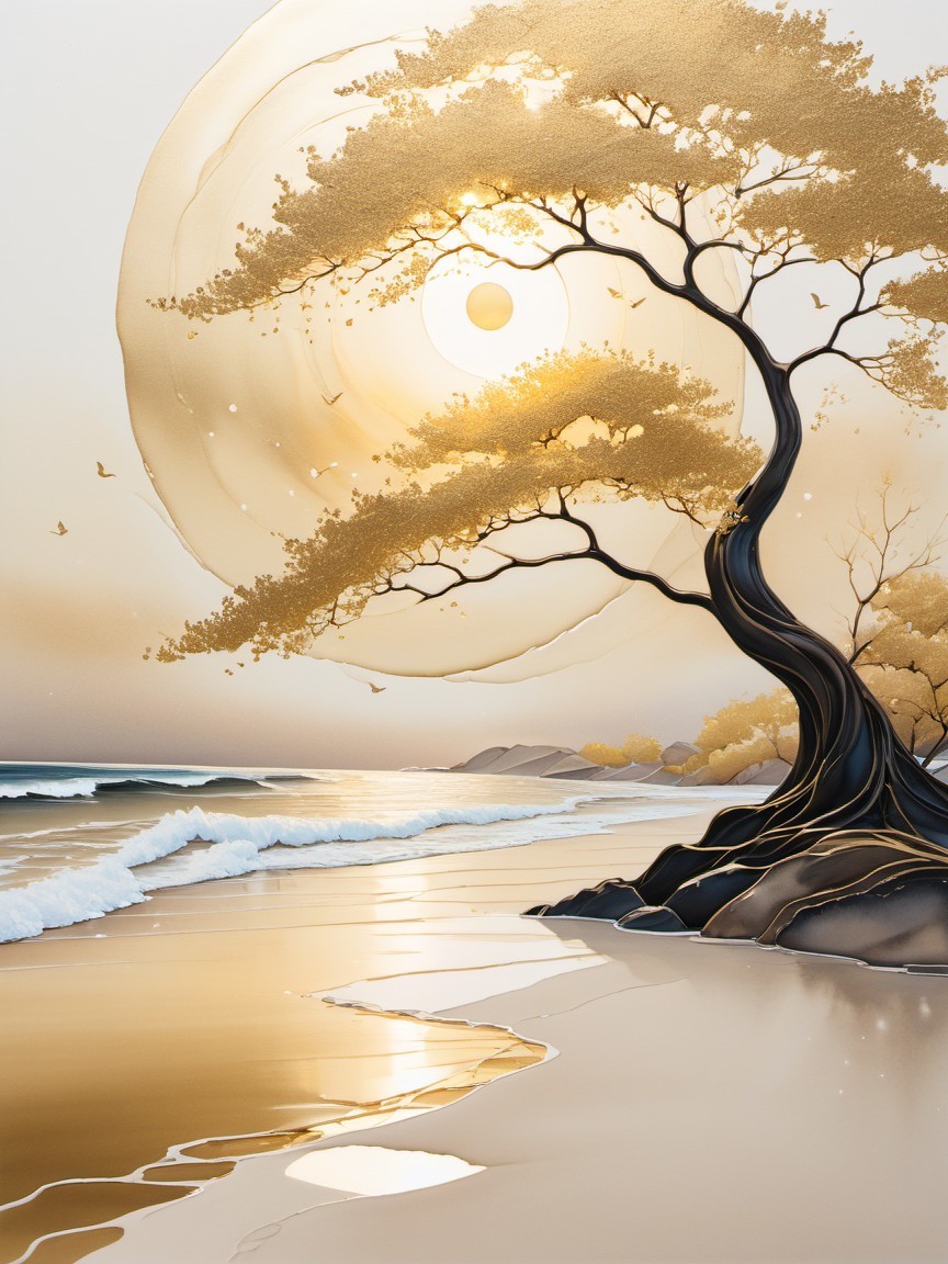 Serene Beach Scene with Golden Leaves and Gentle Waves