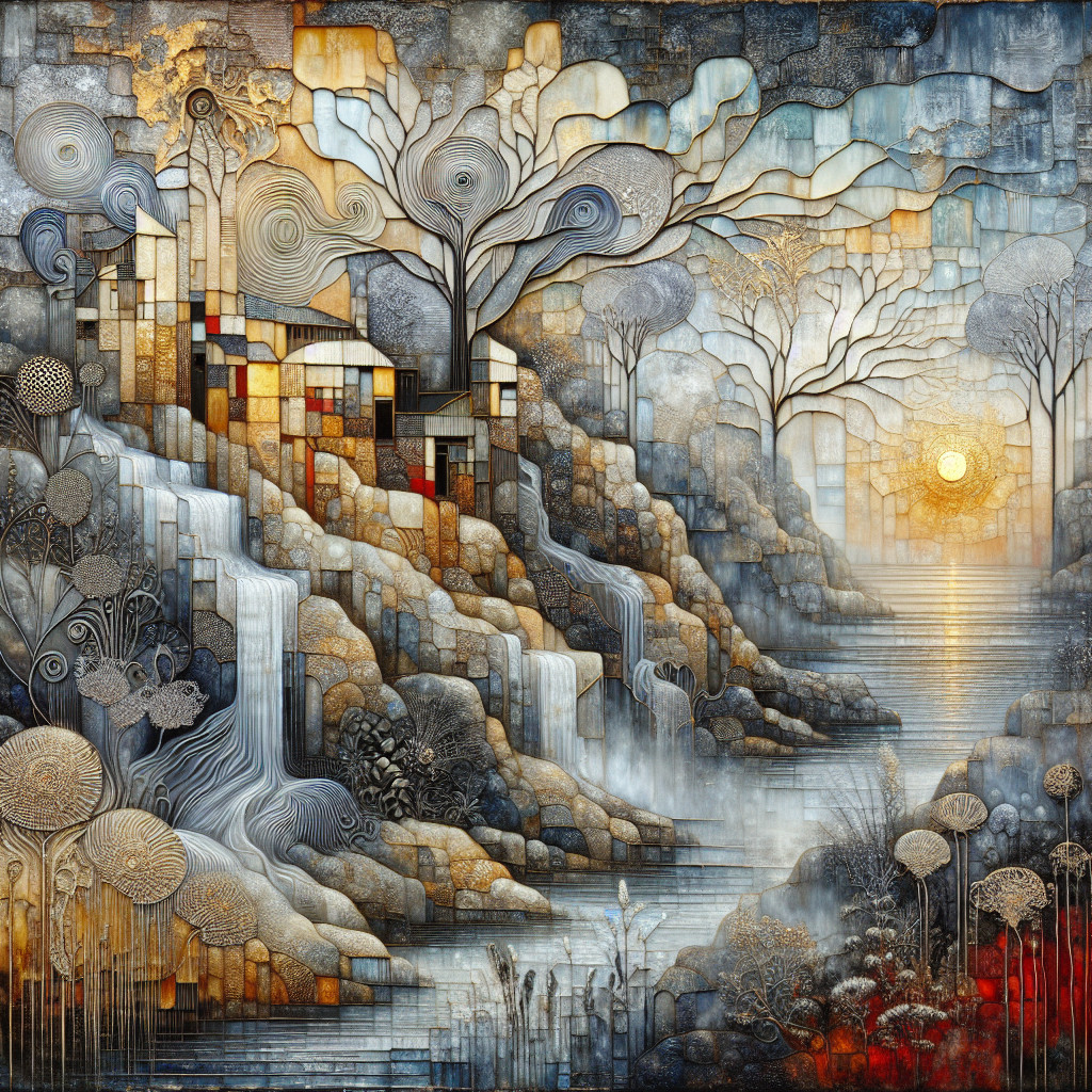 Abstract Landscape with Waterfalls and Geometric Shapes