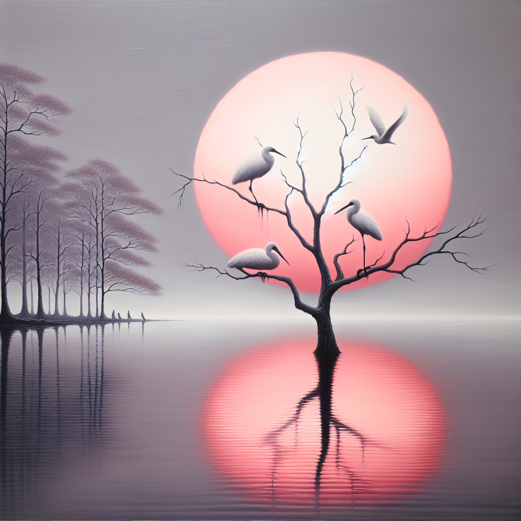 Serene Landscape with Pink Sunset and Cranes