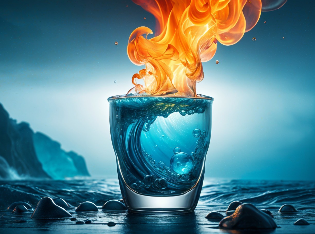 Glass with Blue Liquid Surrounded by Flames and Water