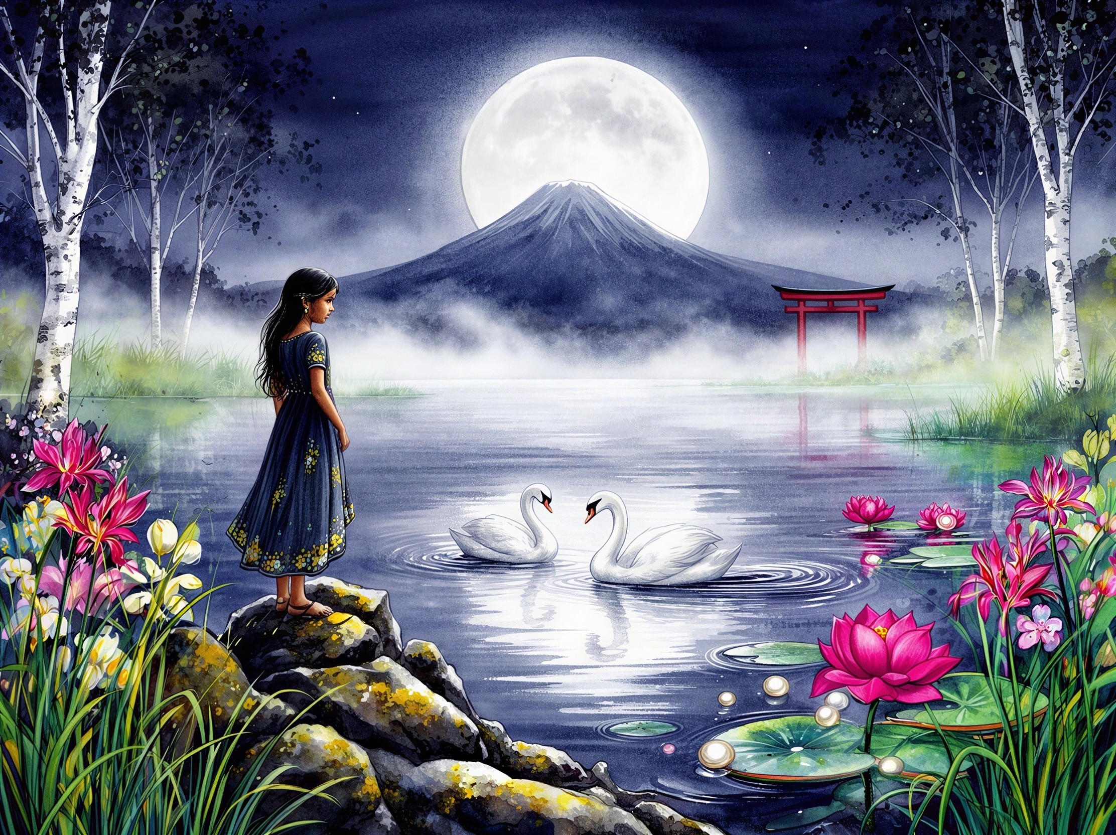 Tranquil Watercolor of Girl by Serene Lake and Swans