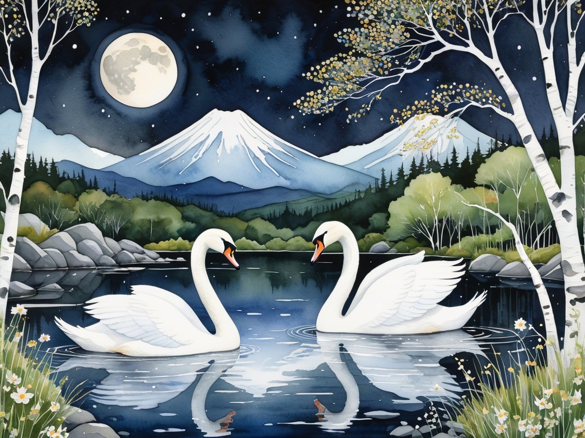 Swans in Lake with Night Sky and Mountain Reflections