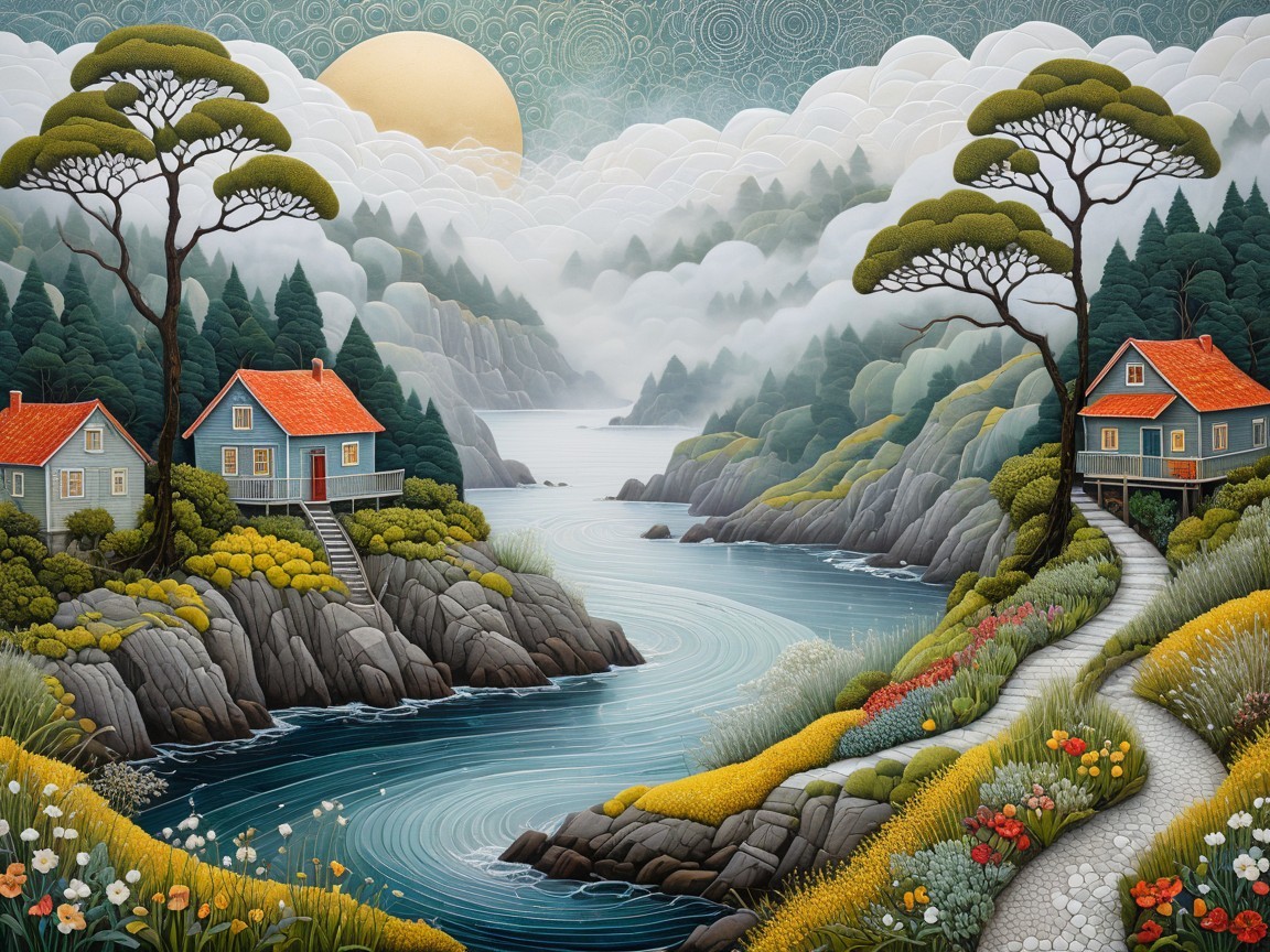 Tranquil Landscape with Houses and Flowing River
