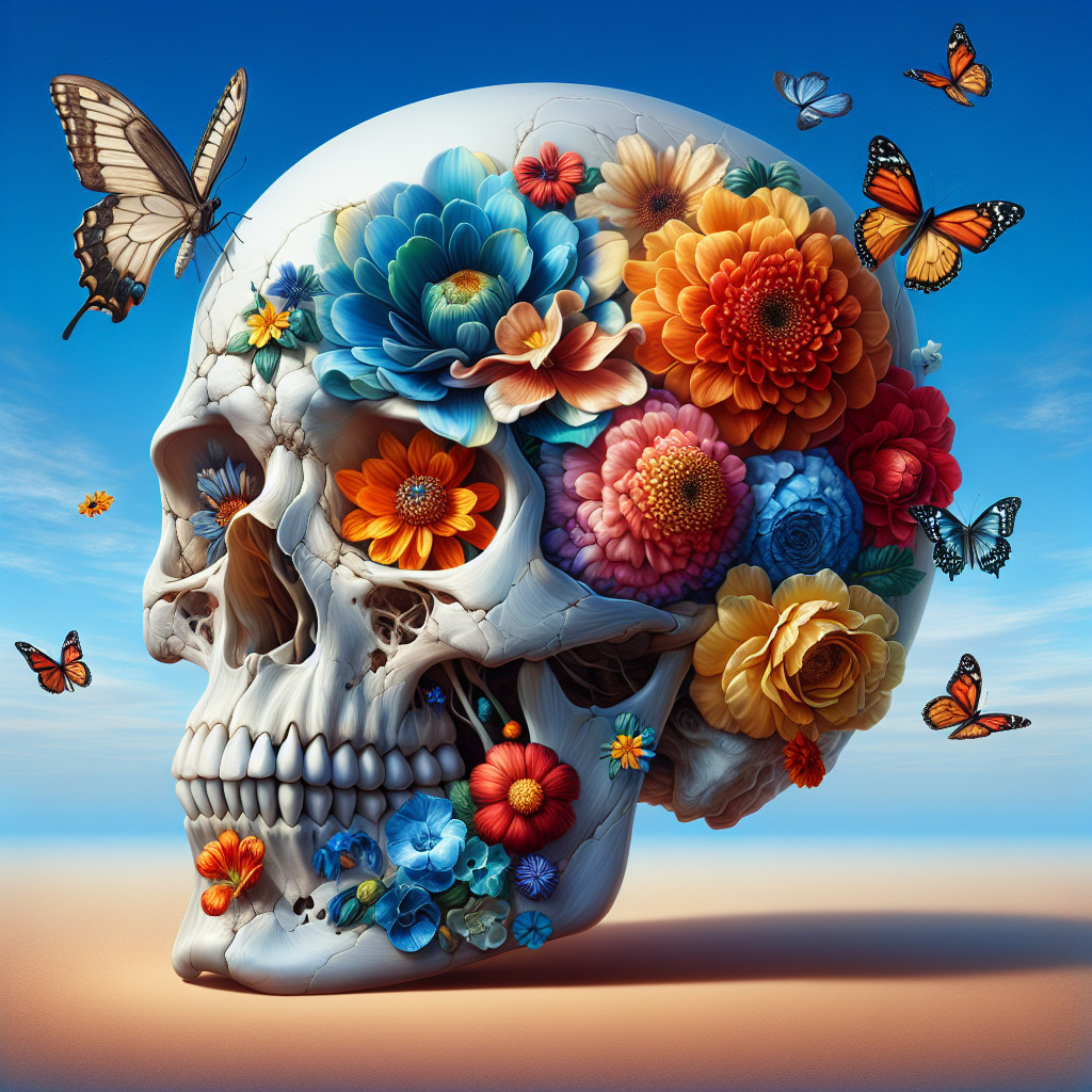 Colorful Skull with Flowers and Butterflies Against Sky