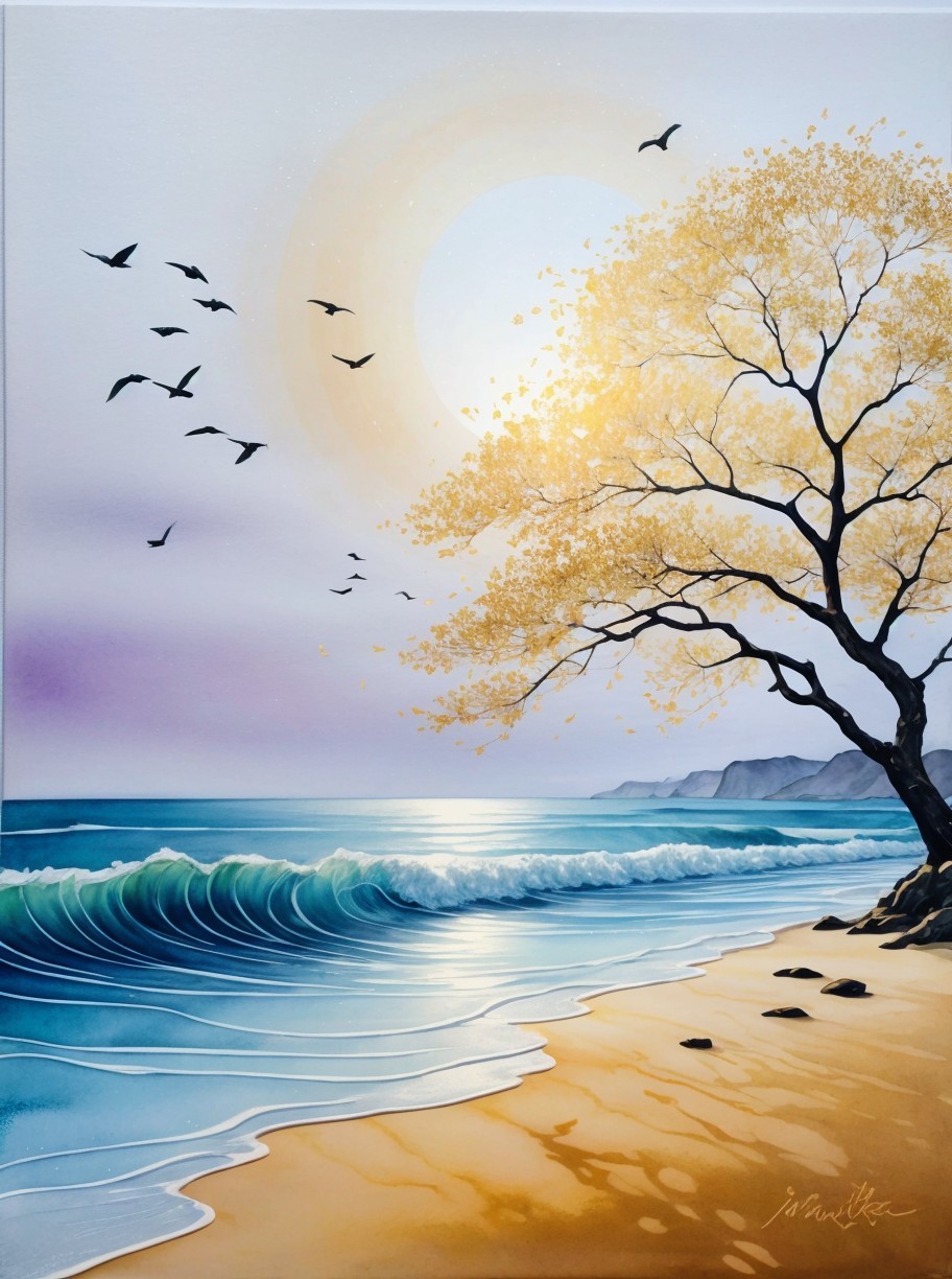 Serene Seascape at Sunset with Autumn Tree and Birds