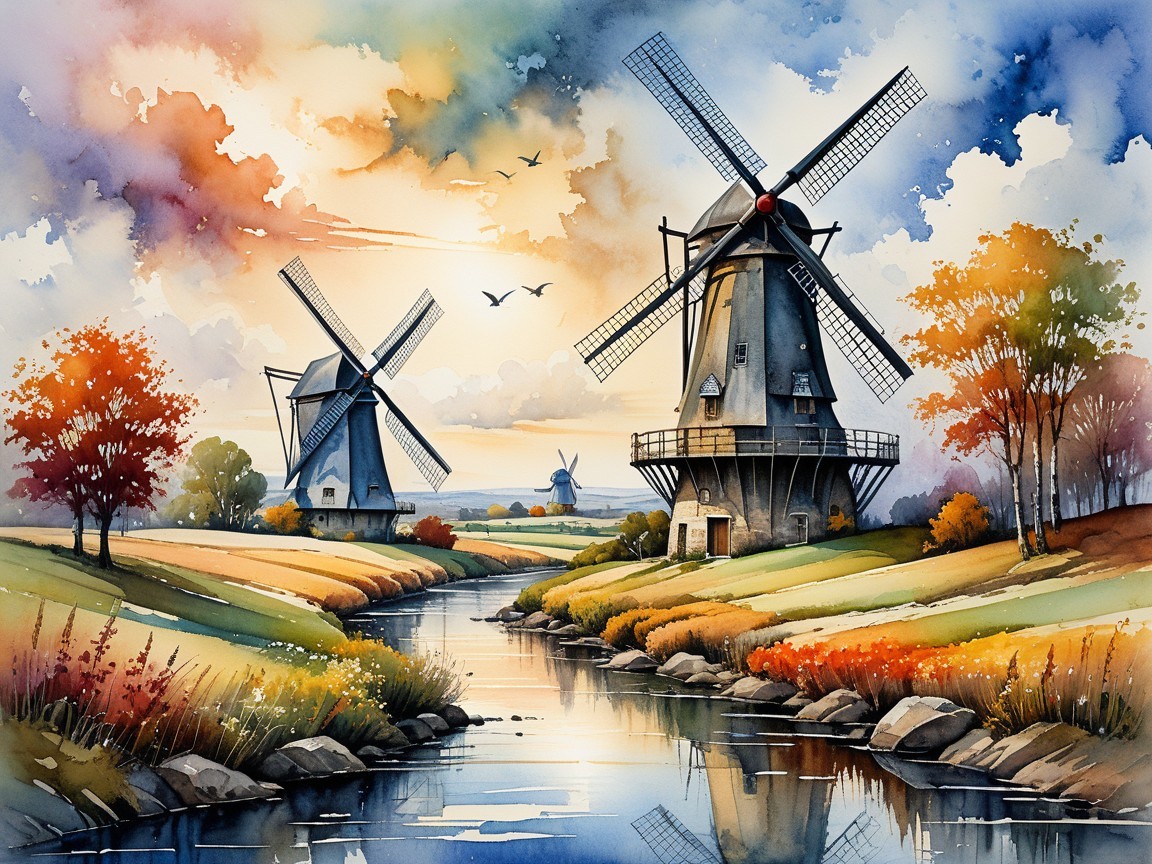 Serene Landscape with Windmills and Autumn Foliage