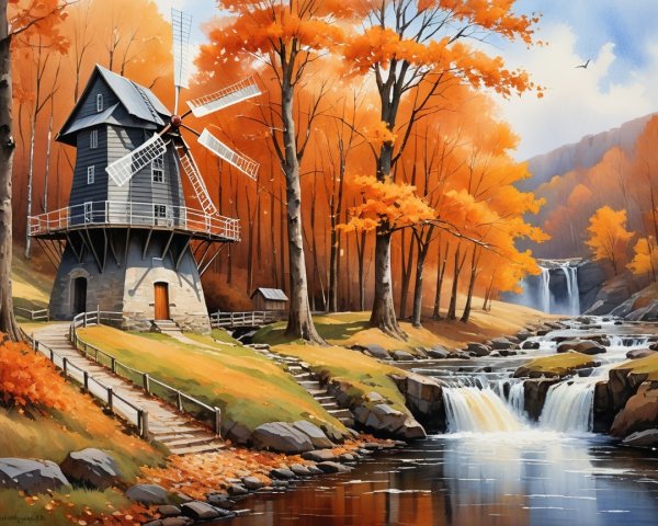 Autumn Landscape with Windmill and Waterfall Scene