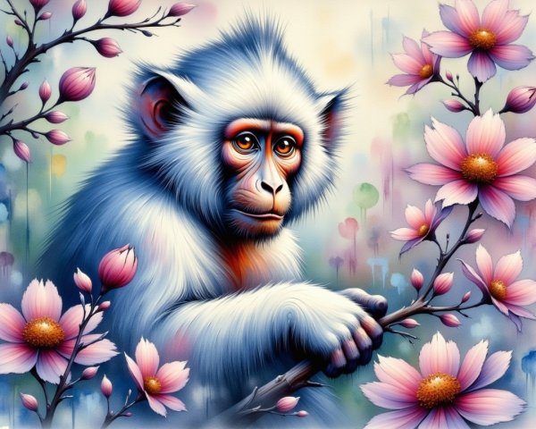 Whimsical Painting of Monkey on Flowered Branch