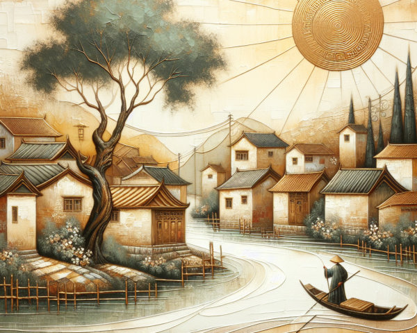 Serene Landscape with River and Traditional Houses