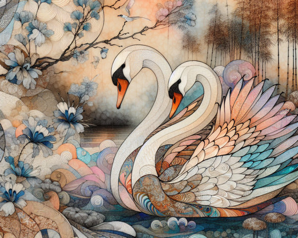 Swans Intertwined in Floral and Serene Landscape