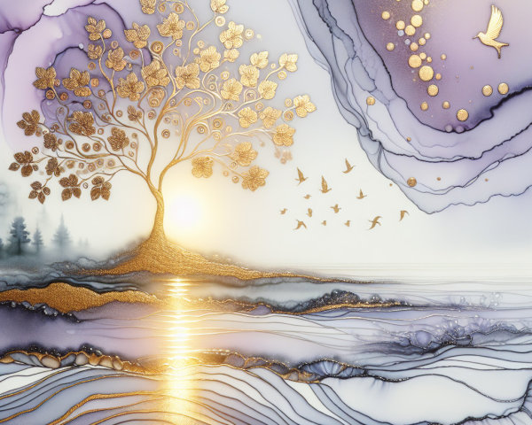 Ethereal Landscape with Golden Tree and Sunrise Reflections
