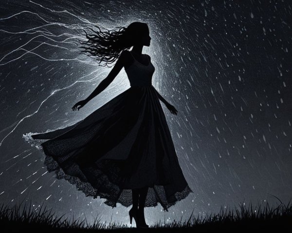 Silhouette of a Woman in a Stormy Night Scene