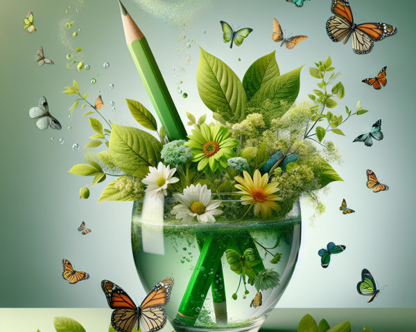 Vibrant Scene with Glass Vase and Butterflies