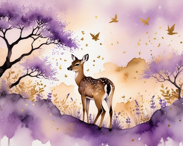 Watercolor Scene of Deer in Lush Landscape with Flowers
