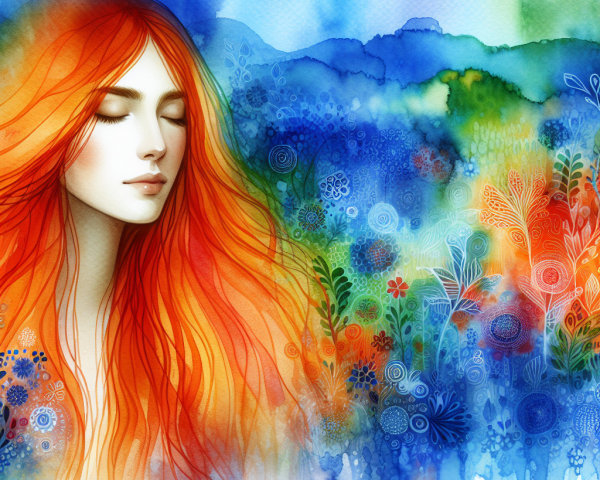 Serene portrait of a woman with red hair and floral backdrop