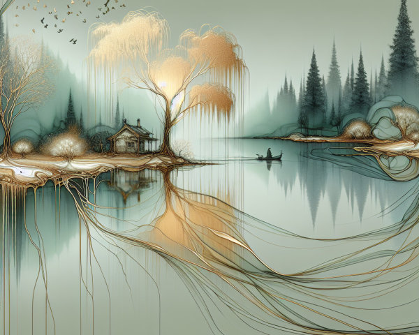 Serene Lake Landscape with House and Nature Elements