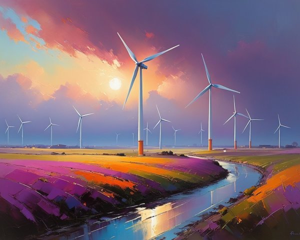 Vibrant Landscape with Wind Turbines at Sunset