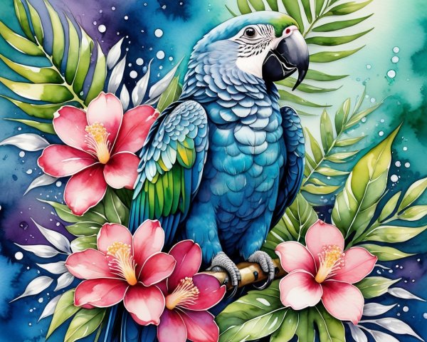 Vibrant Blue Parrot Among Tropical Flora and Colors