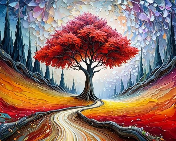 Vibrant Landscape with Striking Red Tree and Swirling Colors