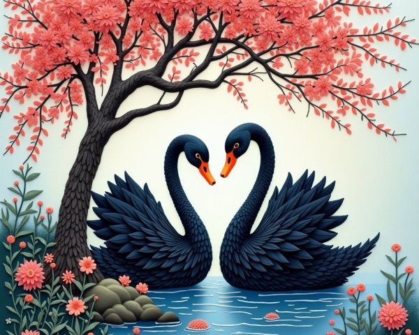 Black Swans in Serene Pond with Lush Greenery