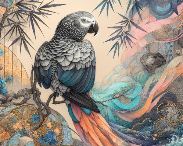 Intricate Parrot Design with Vibrant Patterns and Bamboo