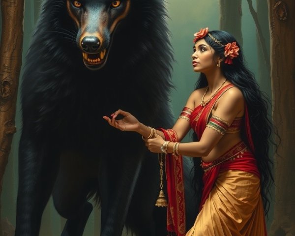 Mystical Forest Scene with Woman and Black Wolf