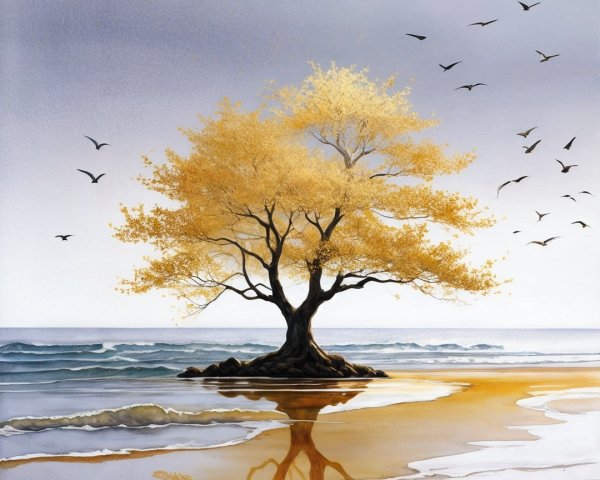 Vibrant Yellow Tree on Tranquil Beach Scene