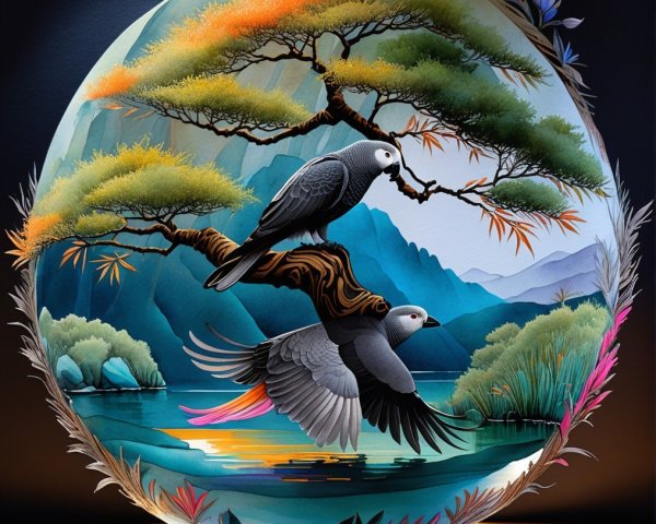 Decorative Artwork with Birds, Tree, and Scenic Landscape