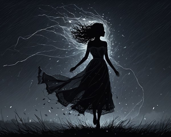 Silhouetted Woman in Storm with Lightning and Rain