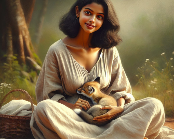 Young Woman with Fox Cub in Serene Natural Setting