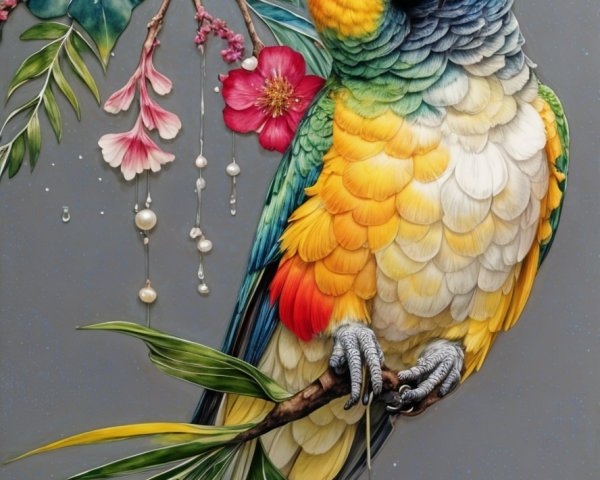 Colorful Parrot on Branch Surrounded by Lush Greenery